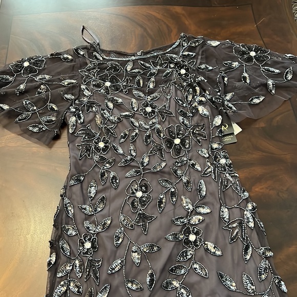 Adrianna Papell Jewel Neck Short Flutter Sleeve Floral Beaded Sheath Midi Dress - Picture 11 of 16